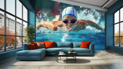 Workout, water splash or woman in swimming pool for competition training, fitness or energy. Sports, fast speed or cardio with female swimmer and athlete for exercise, championship and race at gala. Wall mural