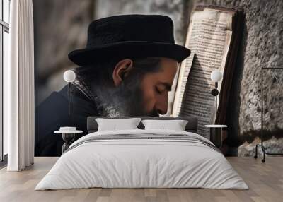 Old Orthodox Jew praying in the western wall. AI generative Wall mural