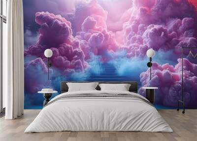 Abstract 3D colorful podium design in blue with cloud for product presentation Wall mural