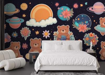 A collection of cartoon characters, cute images, dawn, glitter, flowers, clouds, saturn bear. Retro hippie design for decoration, sticker Wall mural