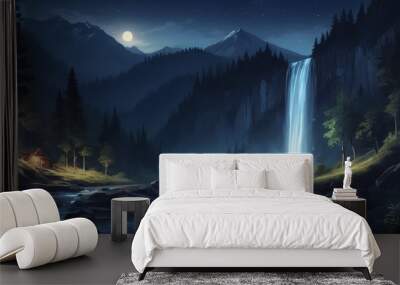 beautiful waterfall at night Wall mural