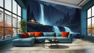 beautiful waterfall at night Wall mural