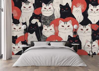 Hand drawn Japanese style seamless cat pattern Wall mural