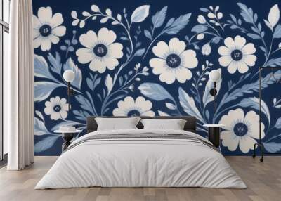 illustration Norwegian Scandinavian folk art painting in blue and white, minimalist style with flowers Wall mural