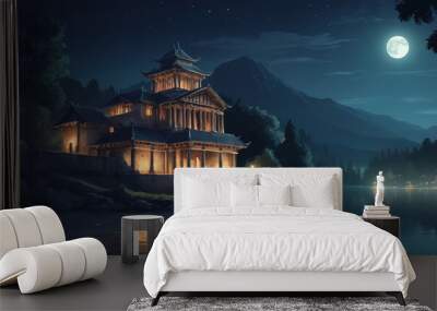 illustration of an ancient building by the lake at night Wall mural