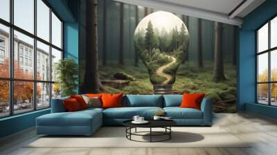 Light bulb on and illustration of forest inside Wall mural