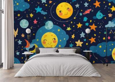 Seamless cartoon moon and stars pattern with bright colors for children Wall mural