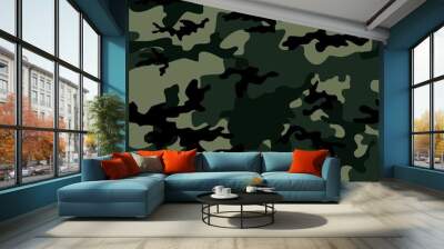 Dark green camouflage, military uniform, army, stylish, black spots, forest print Wall mural