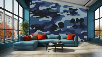 
vector blue camouflage background seamless texture, army navy dark pattern Wall mural