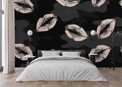 
vector camouflage pattern, black seamless background with lips pattern, kiss Wall mural