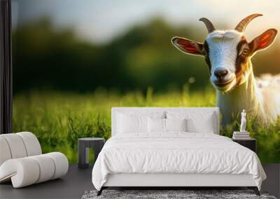 A charming brown and white goat rests peacefully in a field of lush green grass, symbolizing tranquility, nature, farm life, domestic animals, and peaceful coexistence. Wall mural