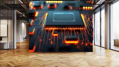 A close-up view of a circuit board with a glowing processor, symbolizing technology, innovation, computing power, connectivity, and advancement. Wall mural