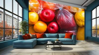 A colorful display of fresh fruit in plastic bags, showcasing vibrant limes, oranges, apples, and lemons. The image symbolizes abundance, healthy eating, and the importance of responsible packaging ch Wall mural