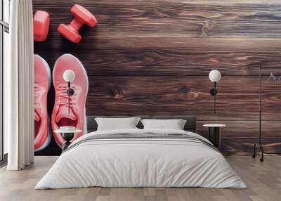 A pair of pink sneakers, two pink dumbbells, and a wooden background. This image represents the concept of fitness, health, strength, determination, and goal setting., A pair of pink sneakers Wall mural