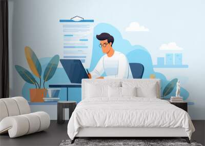 A worker is working at a laptop. Vector illustration Wall mural