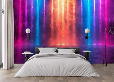 Abstract background with neon lights of various colors on stage Wall mural