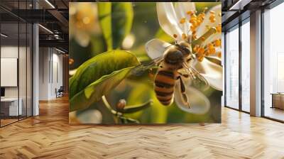 Agile bee collecting pollen from orange blossom, 4K hyperrealistic photo Wall mural