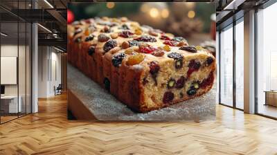 Baking Christmas fruitcakes with nuts, dried fruit, and a festive glaze, all beautifully presented on a kitchen counter. 4K hyperrealistic photo. Wall mural