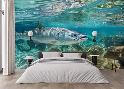 Barracuda swimming in crystal-clear waters, 4K hyperrealistic photo Wall mural