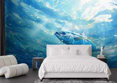 Blue fin tuna fish swimming in clear ocean water. Wall mural