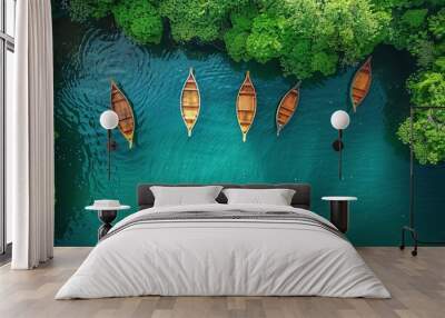 Boats floating on calm sea near green forest Wall mural