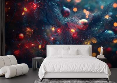 Christmas tree lights with a heatmap effect, showing warm reds around the brightest bulbs and cooler blues on the darker branches. 4K hyperrealistic photo. Wall mural