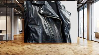 Classic black leather jacket, white background, 4K hyperrealistic photo Wall mural