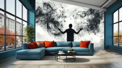 Composite trend artwork sketch photo collage of doodle picture black white silhouette young man spread hands catch questions cloud sky Wall mural