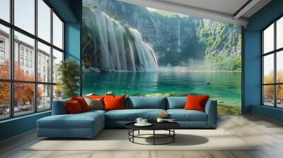 Crystal-clear mountain lake with a cascading waterfall flowing into it, 4K hyperrealistic photo Wall mural