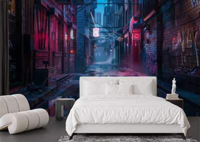 Cyberpunk Street Alley, 4K hyperrealistic photo Wall mural