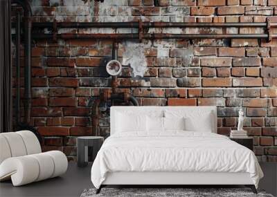 Exposed brick wall with industrial pipes, 4K hyperrealistic photo Wall mural