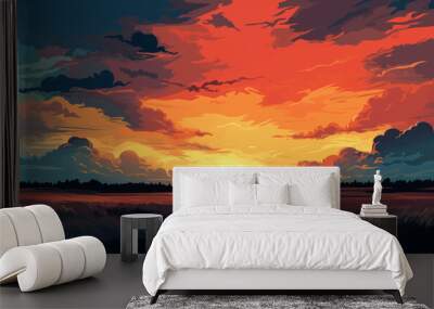 fiery sunset over a prairie vector simple 3d smooth isolated illustration Wall mural