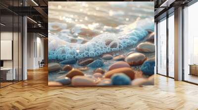 Gentle waves washing over smooth pebbles on a beach, 4K hyperrealistic photo Wall mural