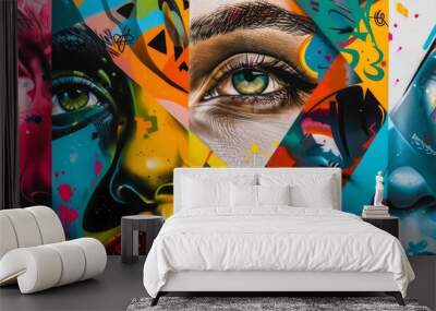 Graffiti art collage with street art, bold colors, and urban themes, 4K hyperrealistic photo Wall mural