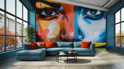 Graffiti art collage with street art, bold colors, and urban themes, 4K hyperrealistic photo Wall mural