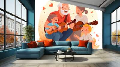 Grandfather plays music on guitar for kids, grandchildren. Happy old grandpa sings song with children at home. Senior, young generations. Flat graphic vector illustration isolated on white background Wall mural