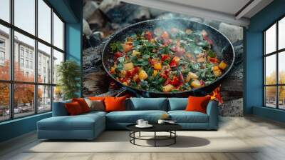 Greens and root vegetables cooking in a pan over hot coals Wall mural