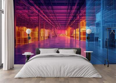 Heatmap of a large warehouse, with warm colors marking areas of high activity and cooler shades in less active sections. 4K hyperrealistic photo. Wall mural