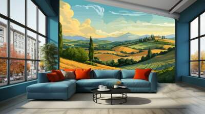 Landscape in Tuscany illustration, Italian landscapes, panoramic countryside farmland vector illustration Wall mural