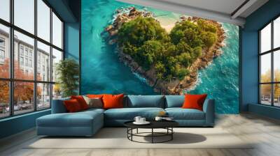 Love Vacation Concept. Aerial Shot of Tropical Island in the Shape of a Heart Wall mural