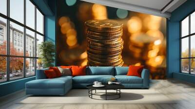 Pile of gold coins money stack in finance treasury deposit bank account saving . Concept of corporate business economy and financial growth by investment in valuable asset to gain cash revenue Wall mural