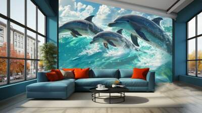 Playful dolphins in the ocean, 4K hyperrealistic photo Wall mural