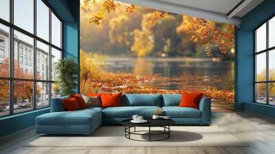 Serene river with autumn leaves, 4K hyperrealistic photo Wall mural