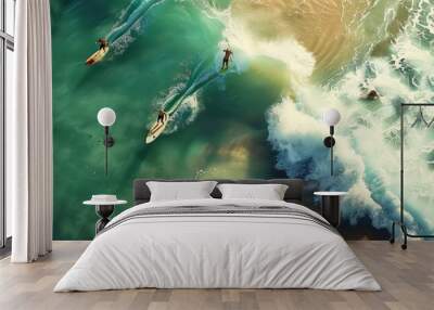 Surfers catching waves at a beautiful beach, 4K hyperrealistic photo Wall mural