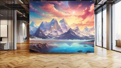 The majestic mountains stood tall against the vibrant sky, as the distant planet beckoned with its unknown allure, a landscape that evoked a sense of wonder and adventure Wall mural