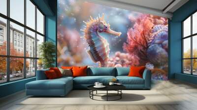 Tiny seahorse clinging to coral reef, 4K hyperrealistic photo Wall mural