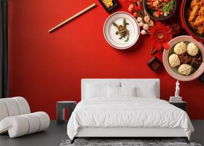 Top view of delicious chinese food meal on red table background for celebration Chinese New Year Wall mural