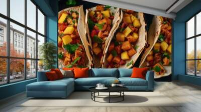 Vegan jackfruit tacos with mango salsa, 4K hyperrealistic photo Wall mural