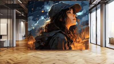 young woman with a glowing umbrella sitting on top of the building against the starry sky, digital art style, illustration painting Wall mural