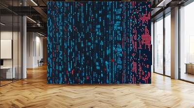 Abstract digital landscape featuring a computer screen displaying numerical data amidst vibrant graphical elements Wall mural